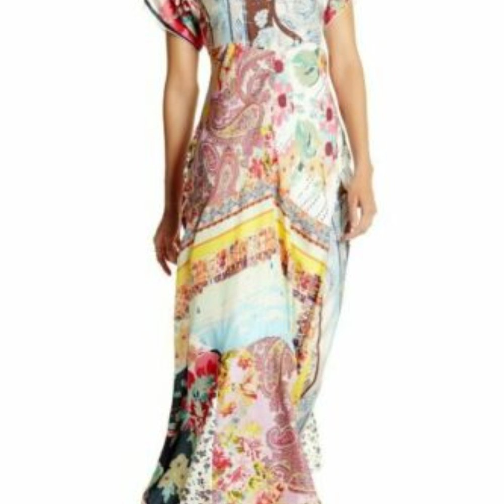 JOHNNY WAS Long Colorful Patchwork Silk Bohemian Festival Maxi Dress